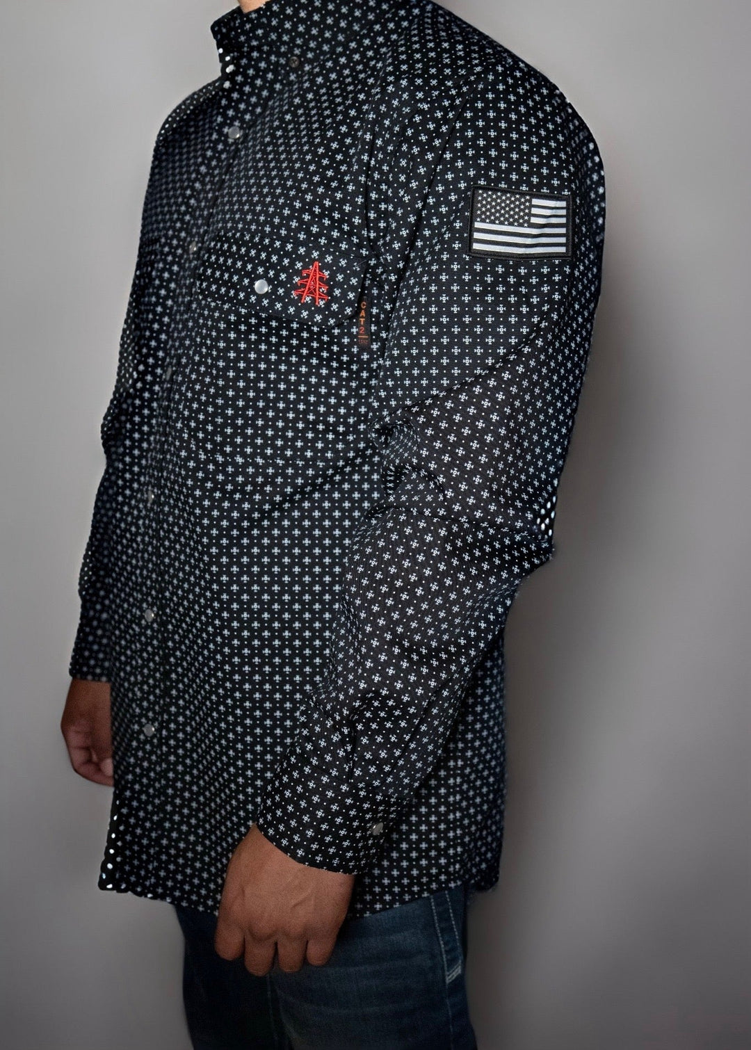 FR Pearl Snap work shirt, dark star pattern, American flag sleeve patch