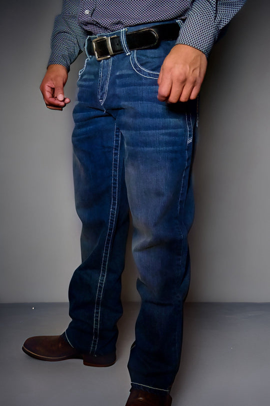 FR boot-cut relaxed jeans, blue denim, front patch pockets, belt loops
