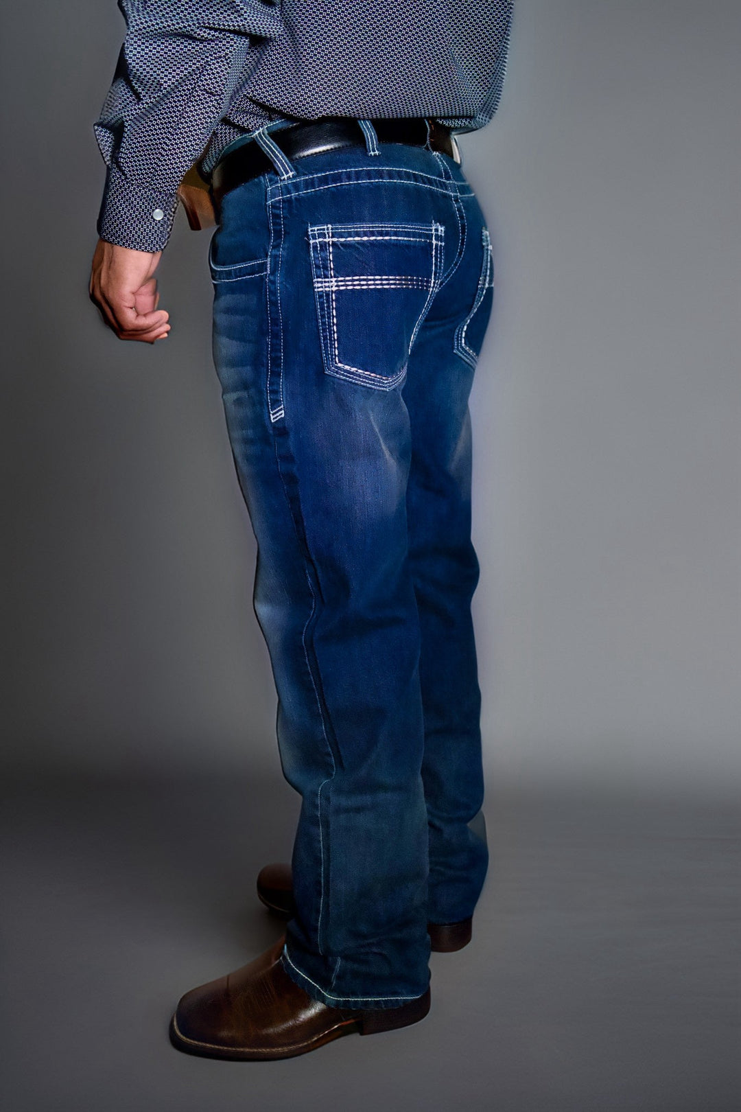 FR boot-cut relaxed jeans, blue denim, back yoke seam, double back pockets