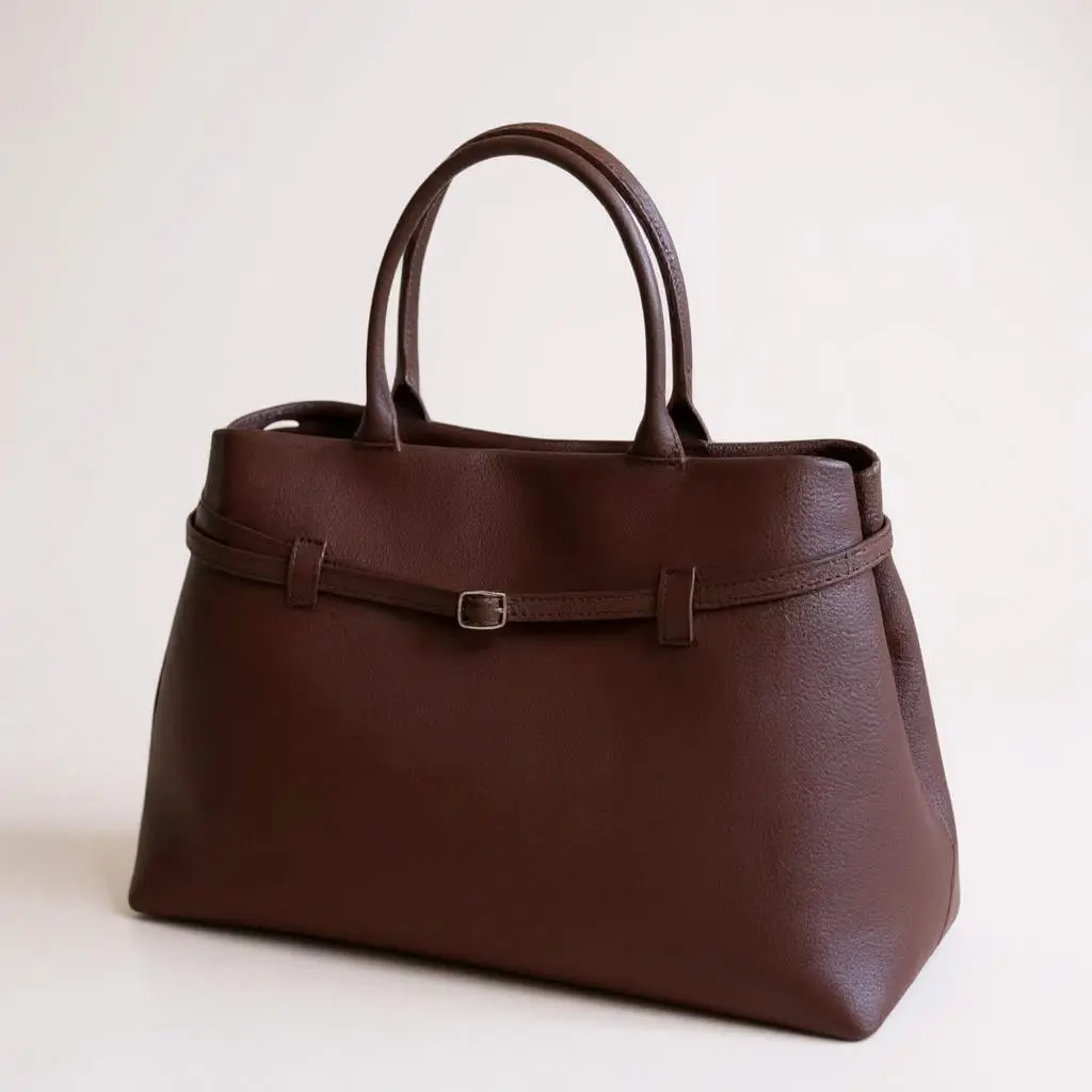 THE XL Sarah Large belt tote bag in chocolate brown, top handles with front belt strap and buckle.