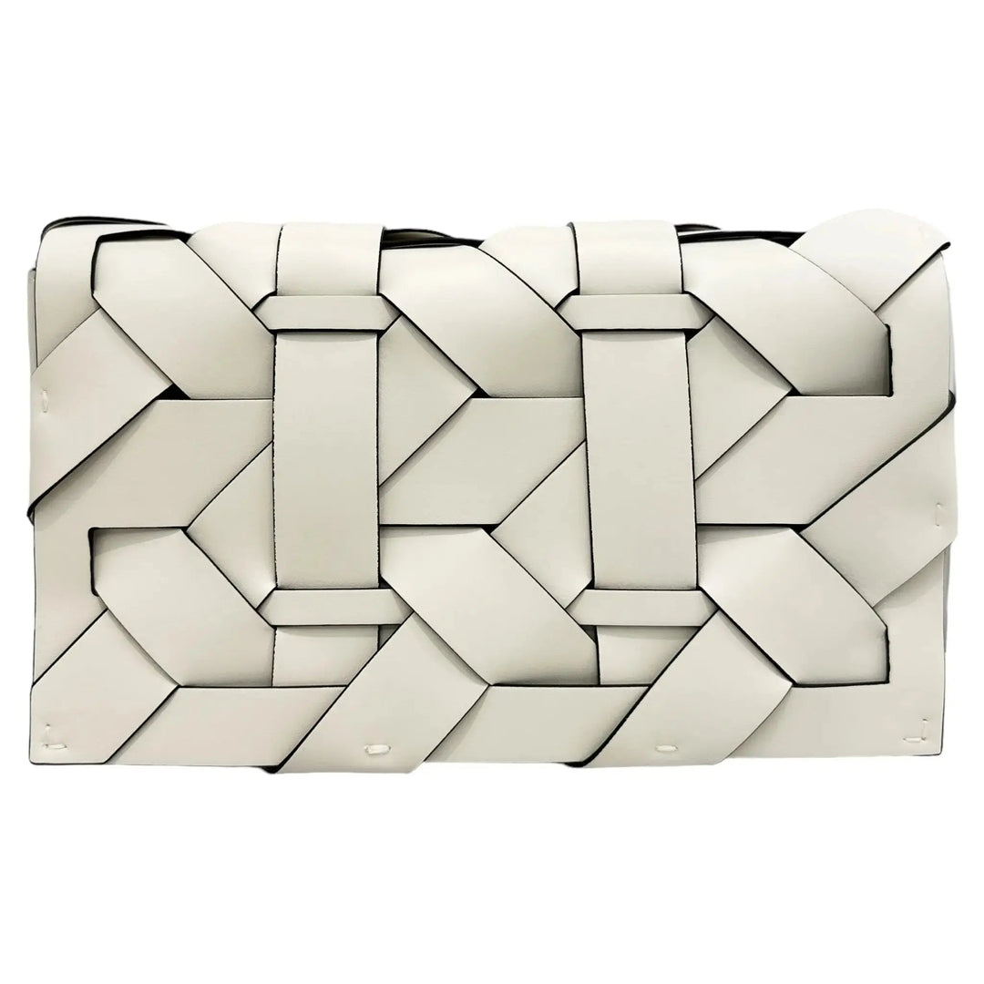 Ivory THE ZENOBIA woven clutch, front view of interlaced geometric panel design