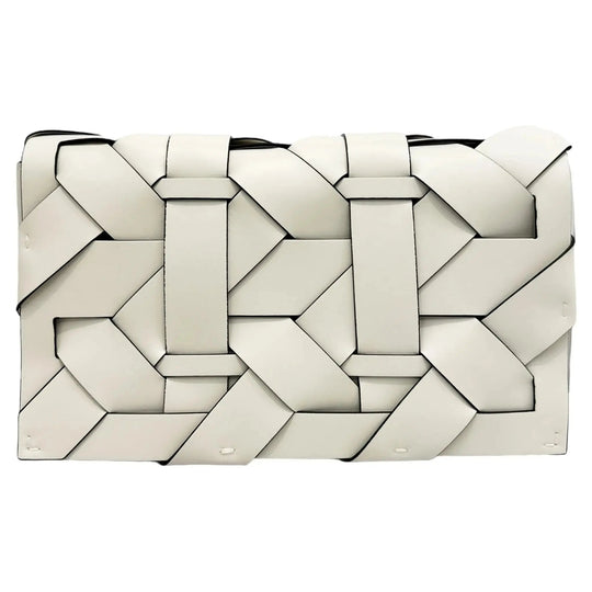 Ivory THE ZENOBIA woven clutch, front view of interlaced geometric panel design