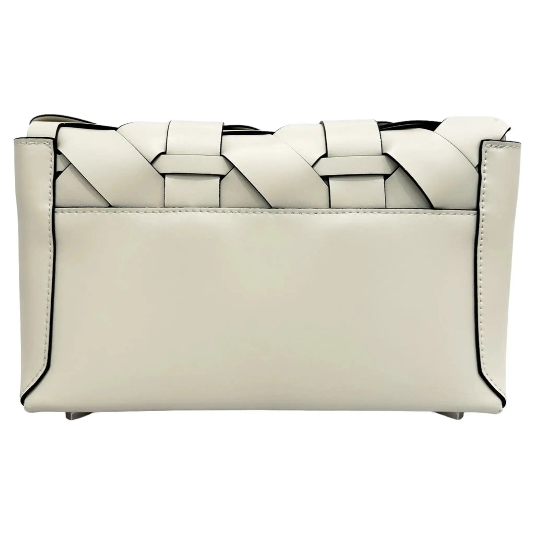 Ivory woven clutch with geometric panel flap and black trim details