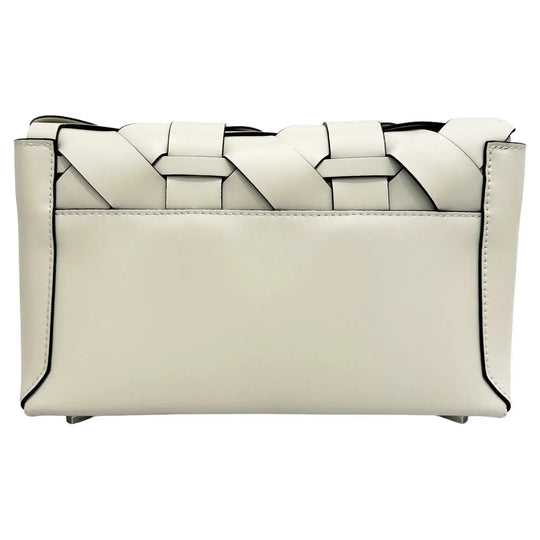 Ivory woven clutch with geometric panel flap and black trim details