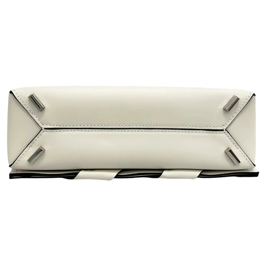 Ivory clutch back with fold-over flap, two silver hardware tabs, and seam stitching