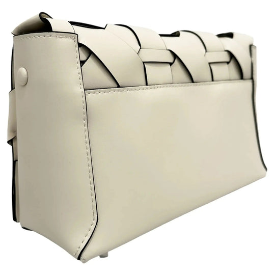 Ivory woven clutch side profile with structured geometric weave and fold-over flap