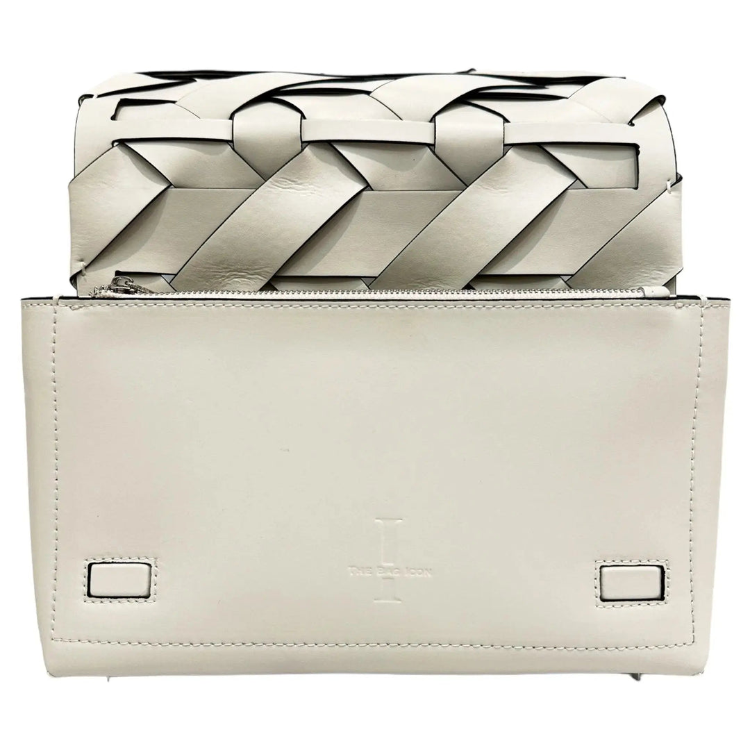 Ivory woven clutch back panel with centered logo and silver square hardware
