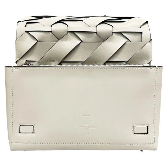 Ivory woven clutch back panel with centered logo and silver square hardware