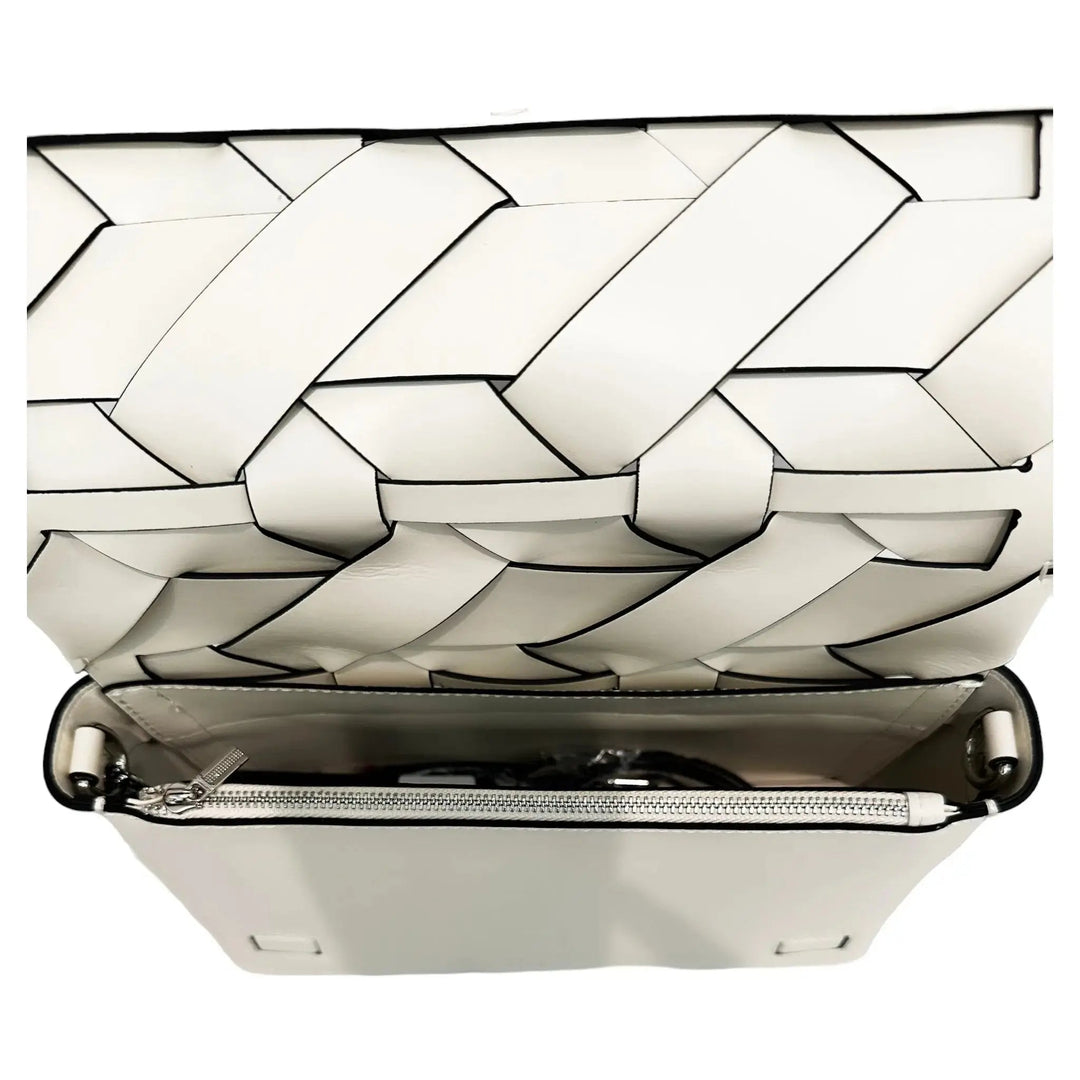 Ivory woven clutch open top showing interior lining and zipper closure