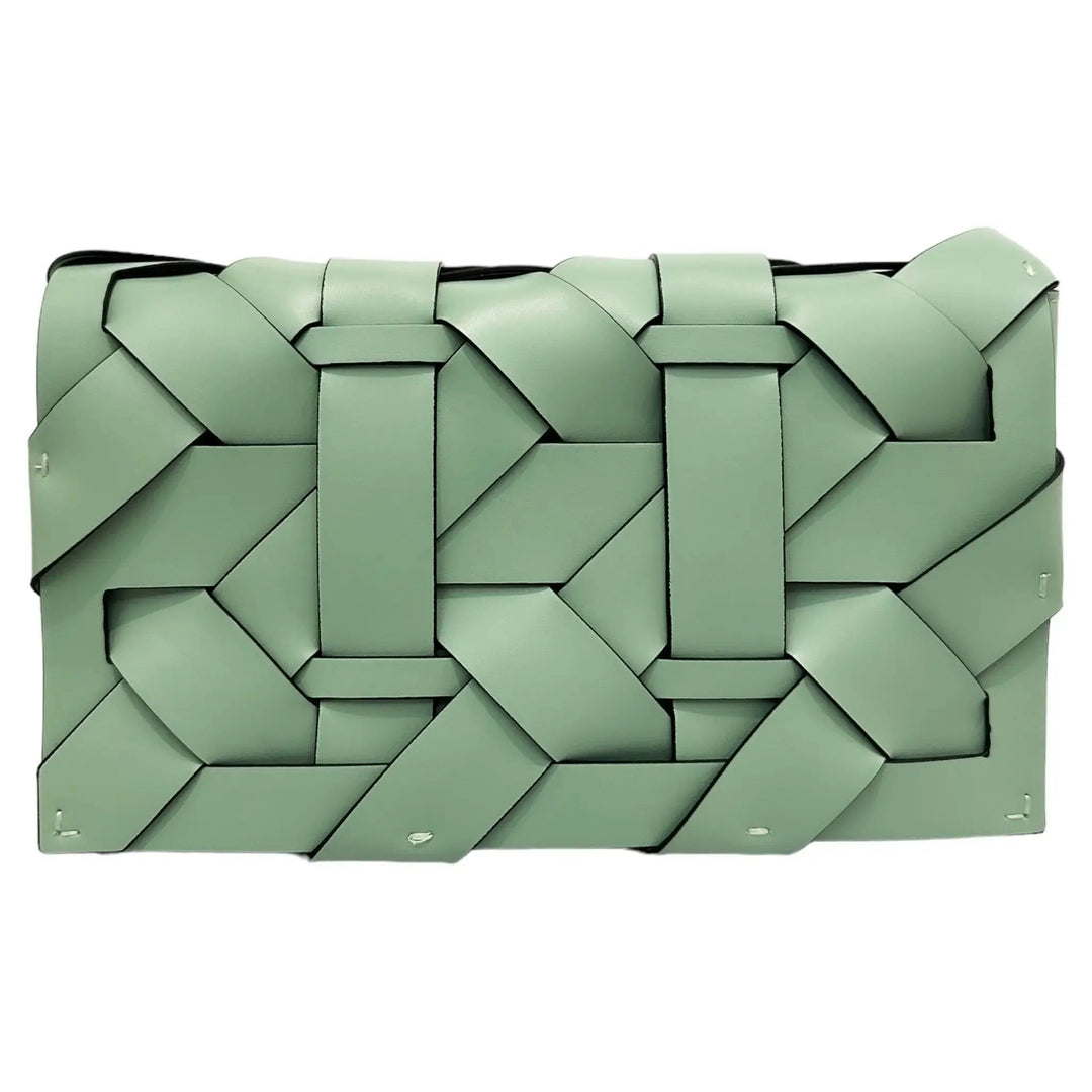 Pistachio green woven clutch with geometric lattice flap and dark trim