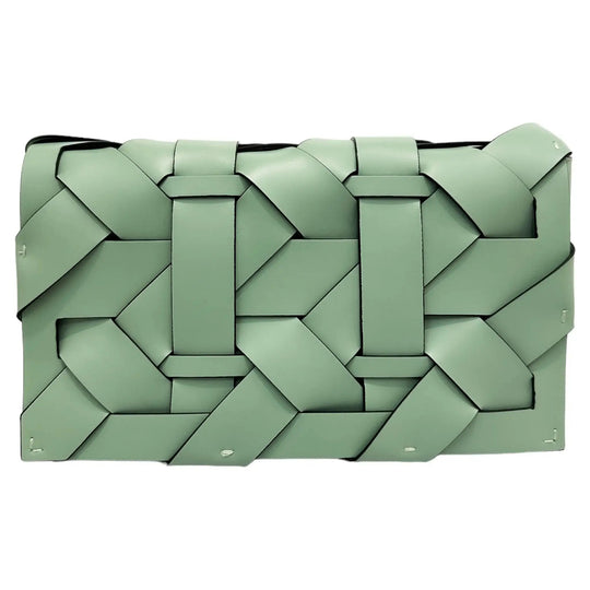 Pistachio green woven clutch with geometric lattice flap and dark trim