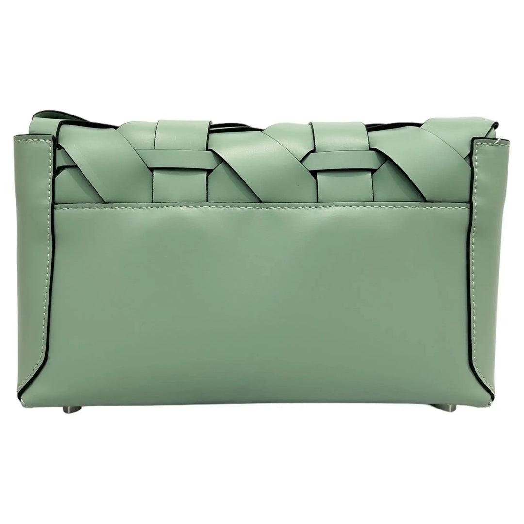 Pistachio green woven clutch front view with sculpted geometric weave panels