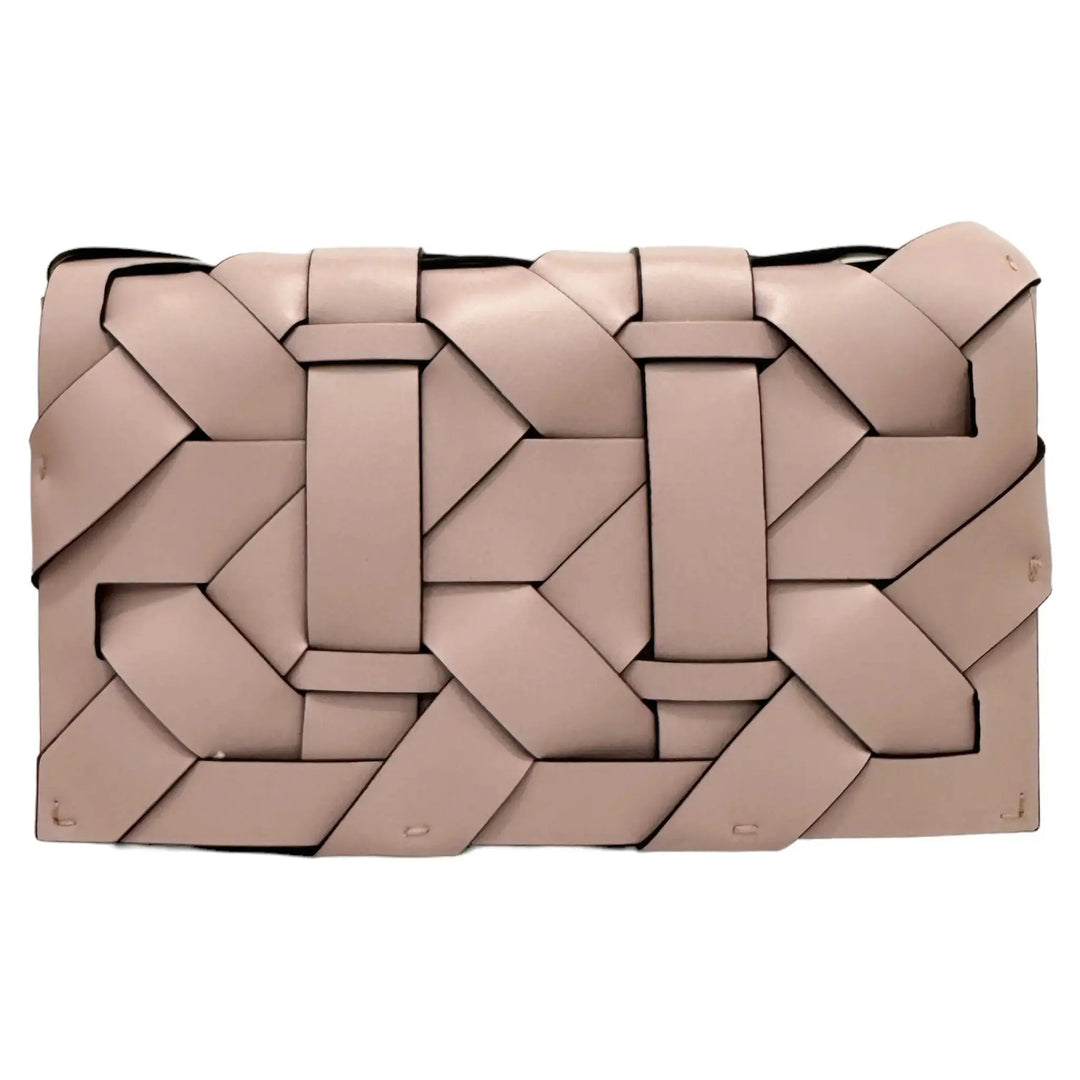 Camel-tone THE ZENOBIA woven clutch with geometric weave and black top accents