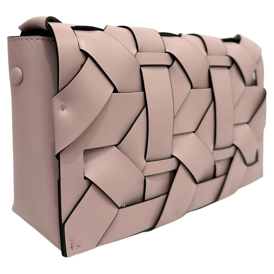 Camel THE ZENOBIA woven clutch side view with stacked geometric panel texture