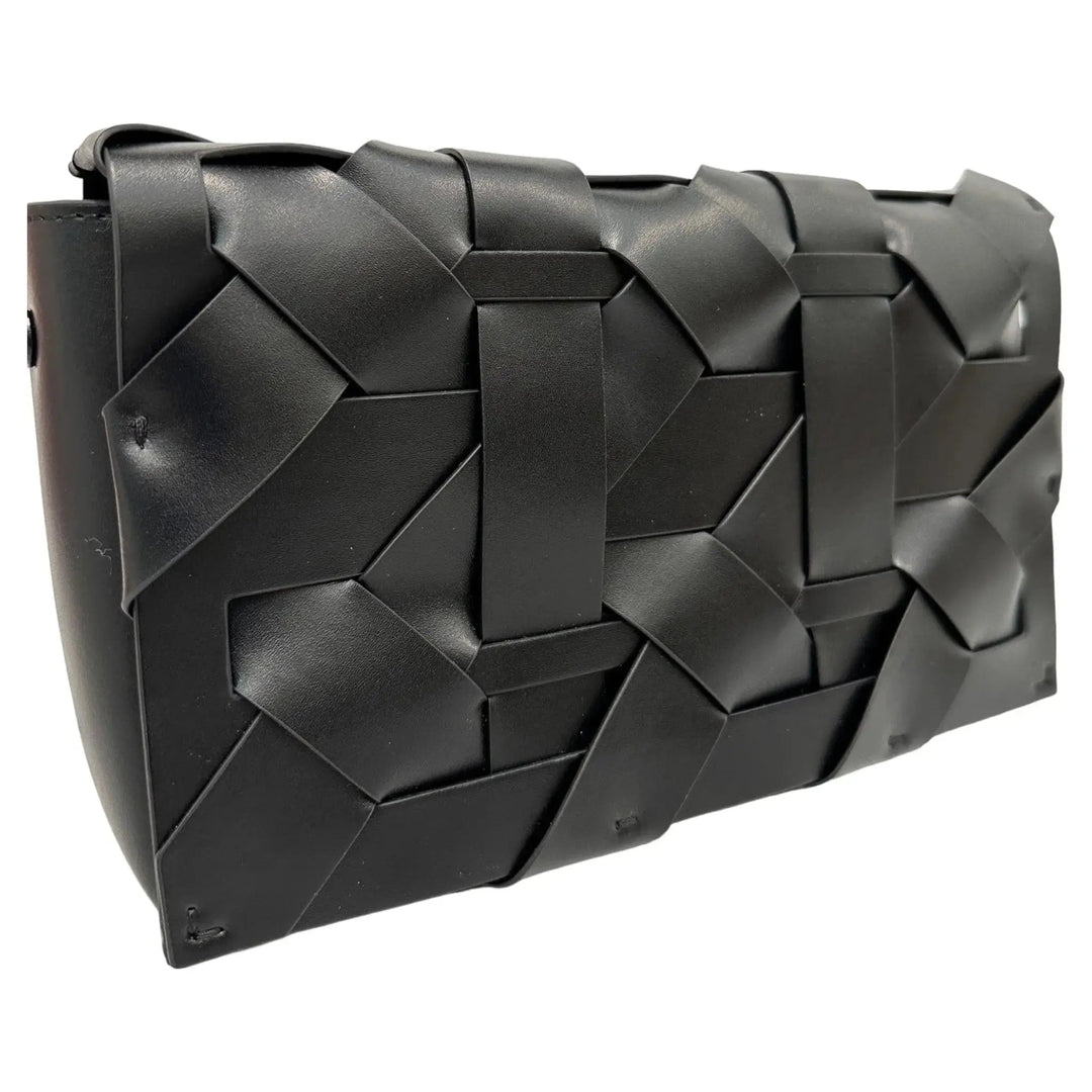 Black woven clutch with geometric cubes, angled view of front panels