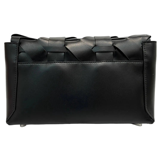 THE ZENOBIA woven clutch in black; smooth back panel with side seams