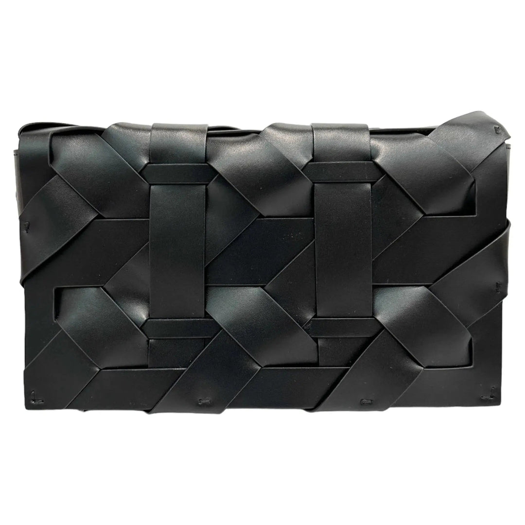 Black woven clutch with geometric panel design and top handle