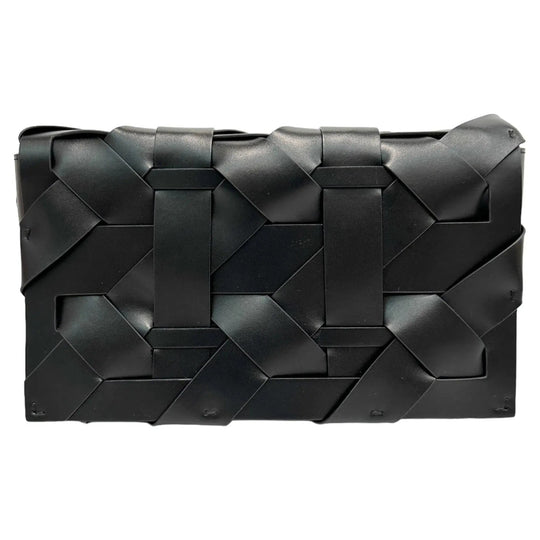 Black woven clutch with geometric panel design and top handle