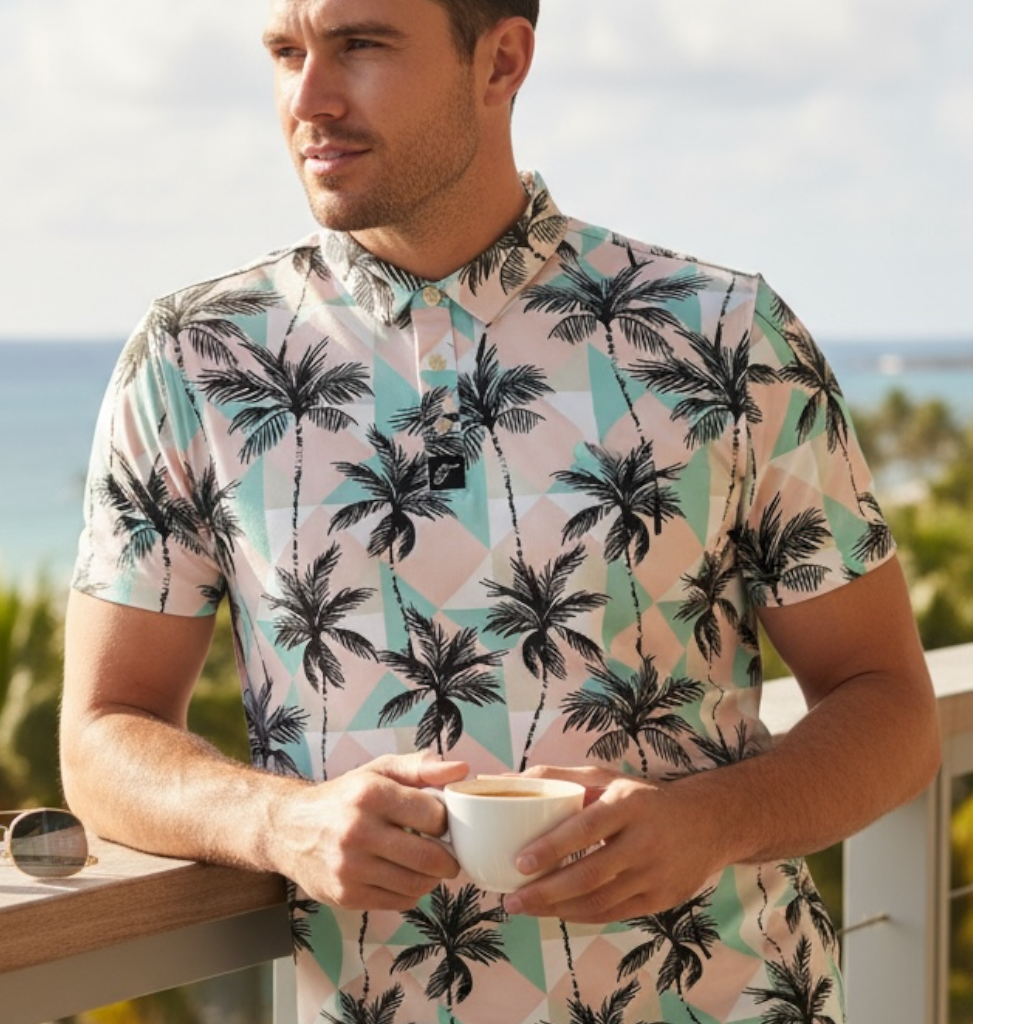 Tropical State of Play Hemd: Palmprint mit Pastell-Geometrie, Kurzarm-Kragen