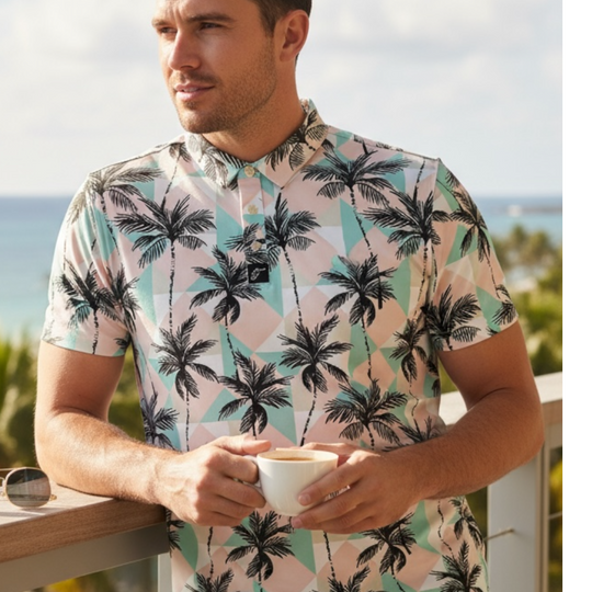 Tropical State of Play Hemd: Palmprint mit Pastell-Geometrie, Kurzarm-Kragen
