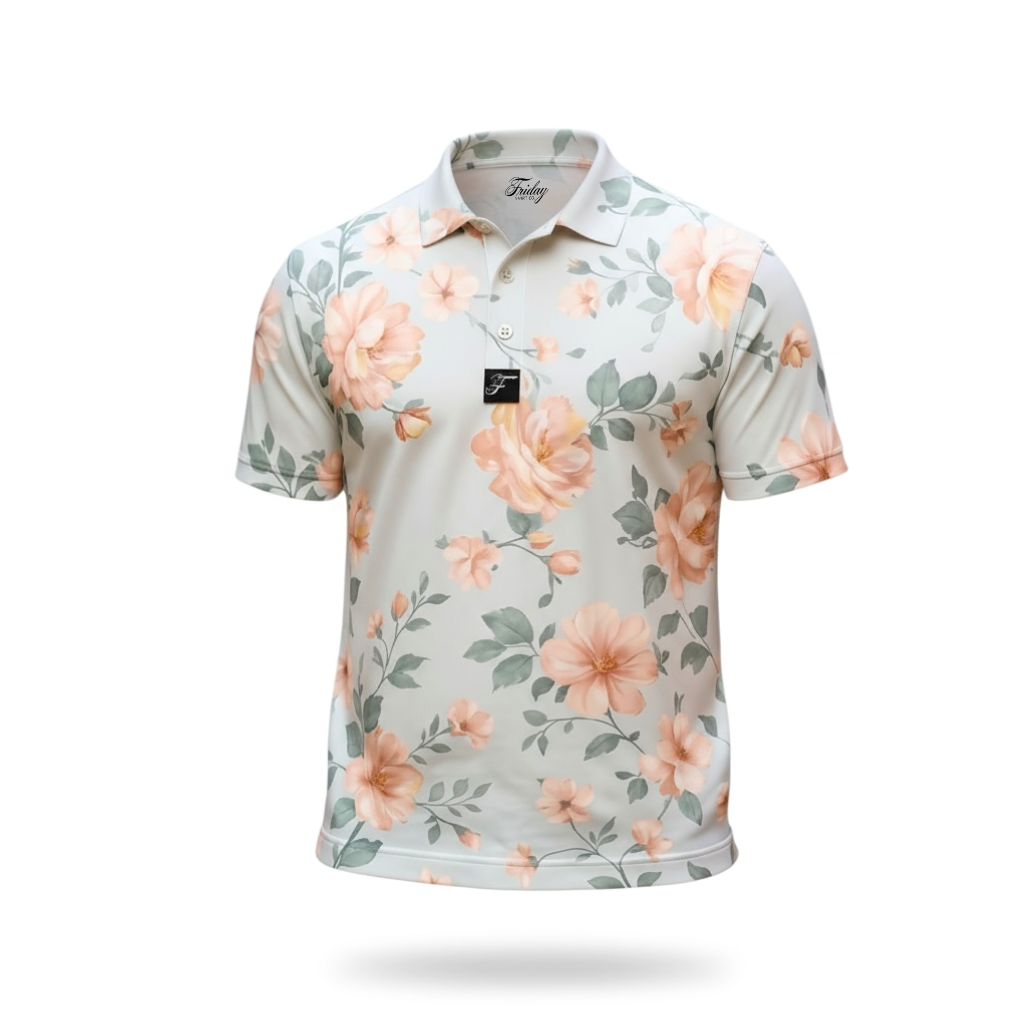 Friday Shirt Co. polo de manga corta floral con cuello y botones, fondo claro