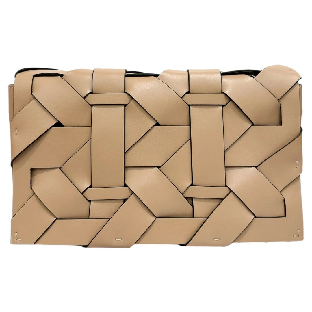 Gold-tone THE ZENOBIA woven clutch with raised interlaced pattern and black trim