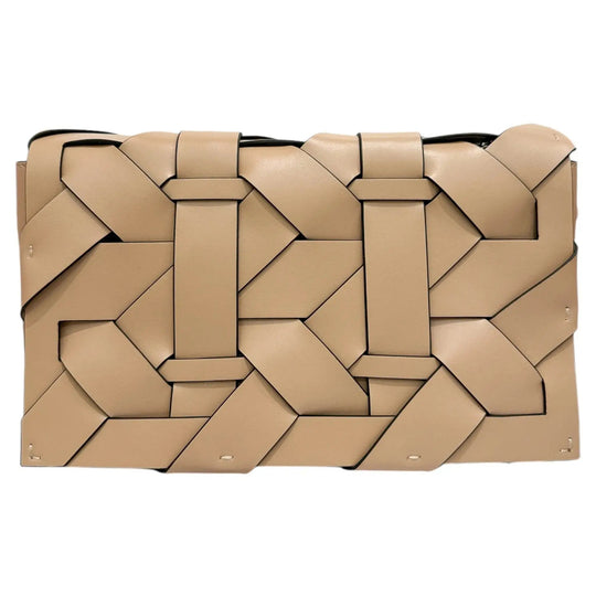 Gold-tone THE ZENOBIA woven clutch with raised interlaced pattern and black trim