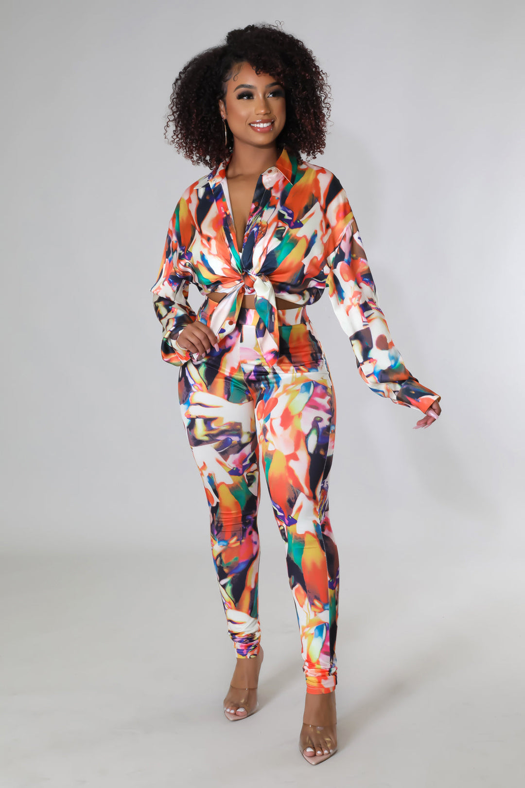 Breya Days Legging Set: colorful abstract tie-front top and tapered leggings