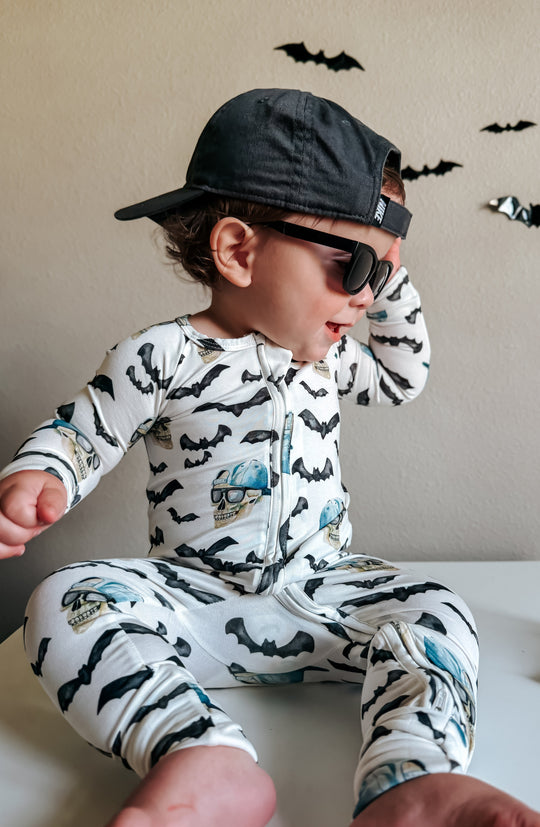 Bamboo zippy pajamas with full-zip front, bat print and blue skull graphic