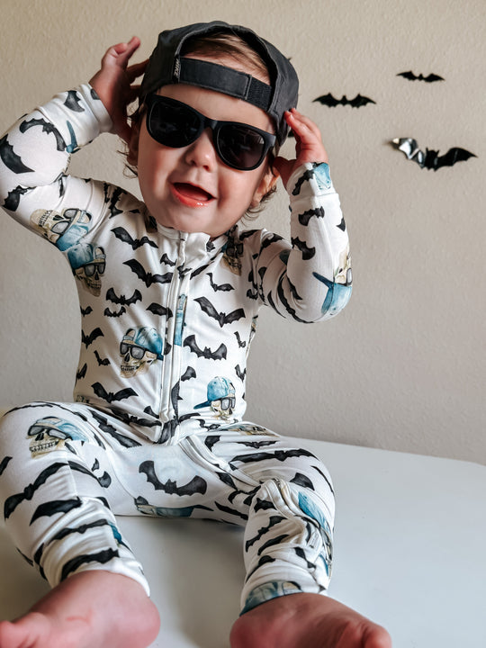 Bamboo zippy pajamas, full-zip front, all-over bats and blue skull print