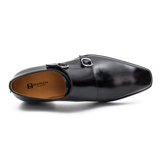 Black double monk shoes with interior lining visible near the buckle opening