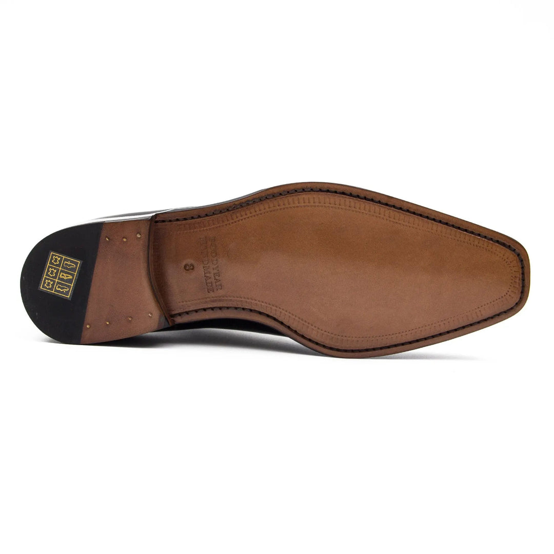 Brown Chelsea boots outsole view, textured traction bottom and welt edge stitching