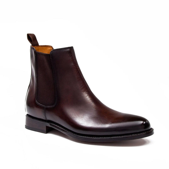 Brown leather Chelsea boot with pull tab, elastic gore, and low-profile sole