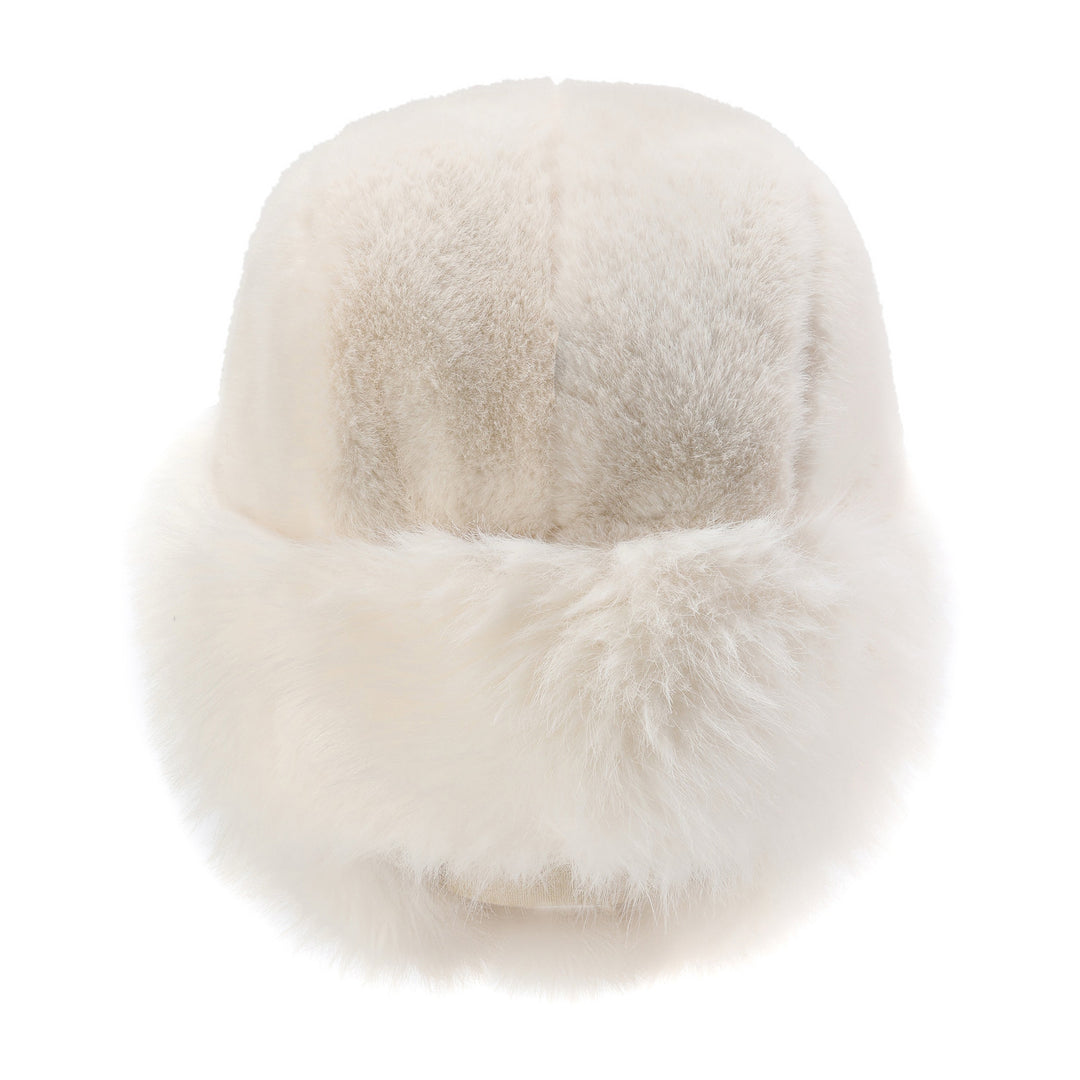 White faux-fur trapper hat, top view of curved crown and face opening