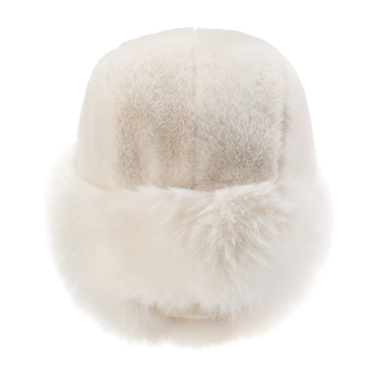 White faux-fur trapper hat, top view of curved crown and face opening