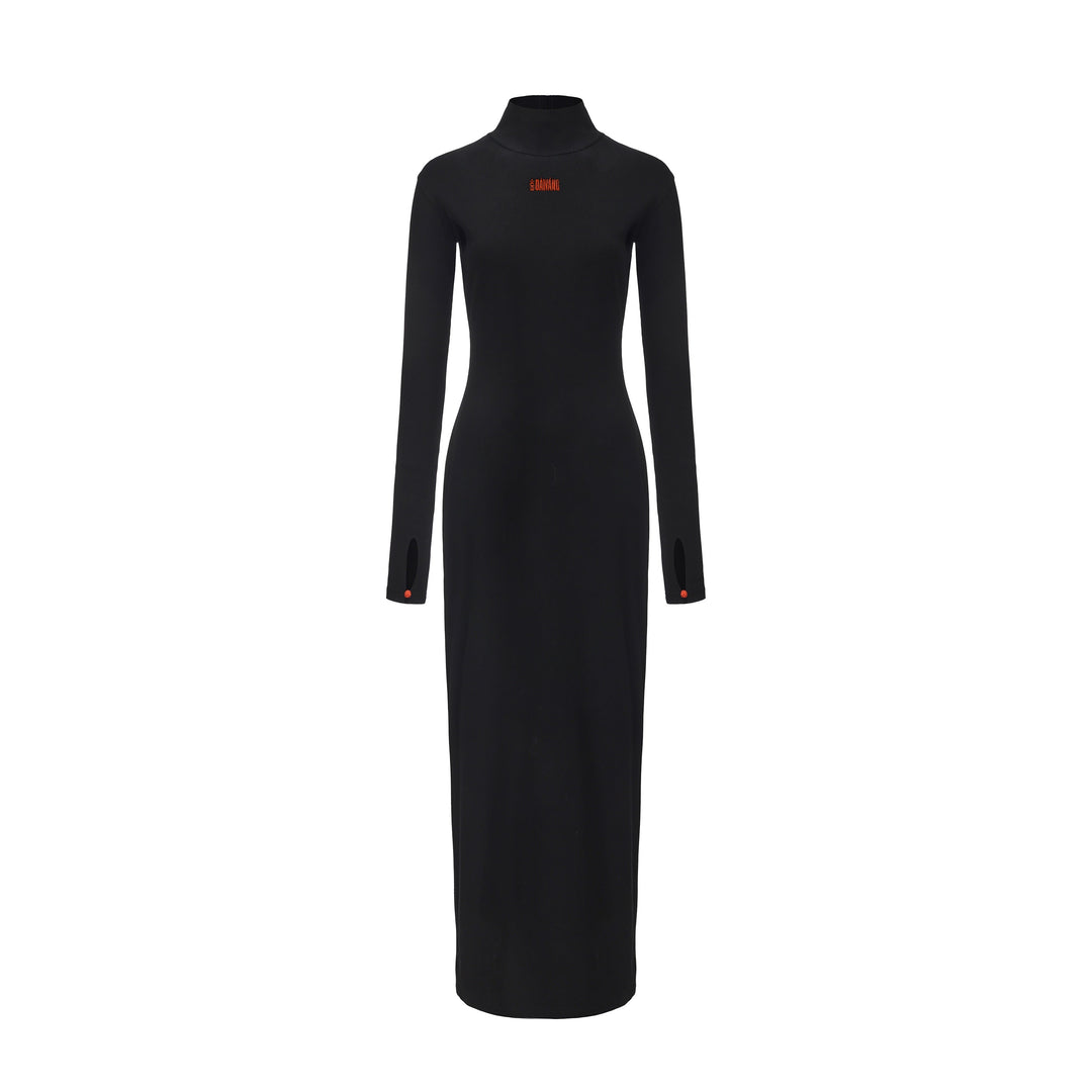 Black maxi dress with high neck and long sleeves, fitted silhouette