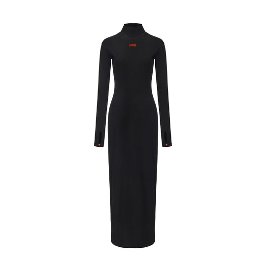 Black maxi dress with high neck and long sleeves, fitted silhouette