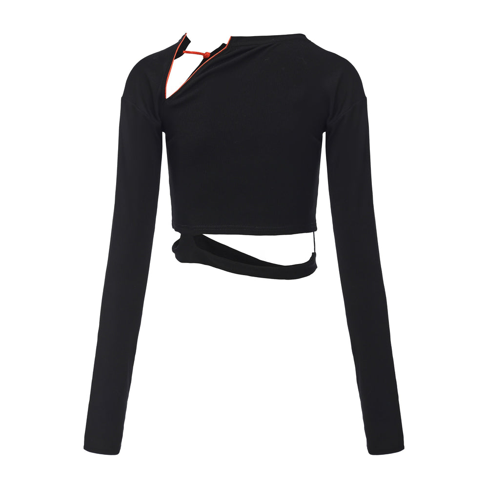 Black long-sleeve knit crop top with V cutout and orange neck tie.