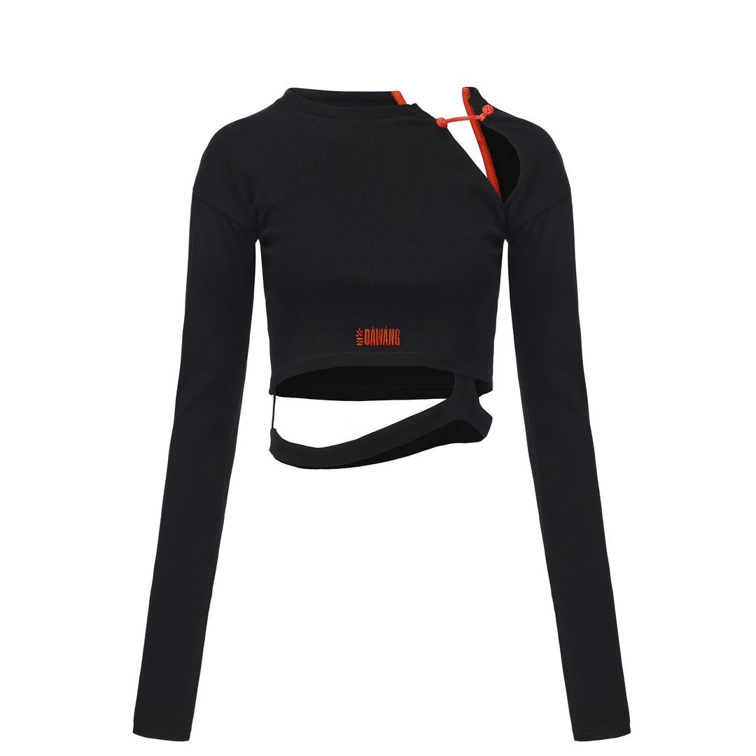 Black knit long-sleeve cutout top with orange tie neckline.