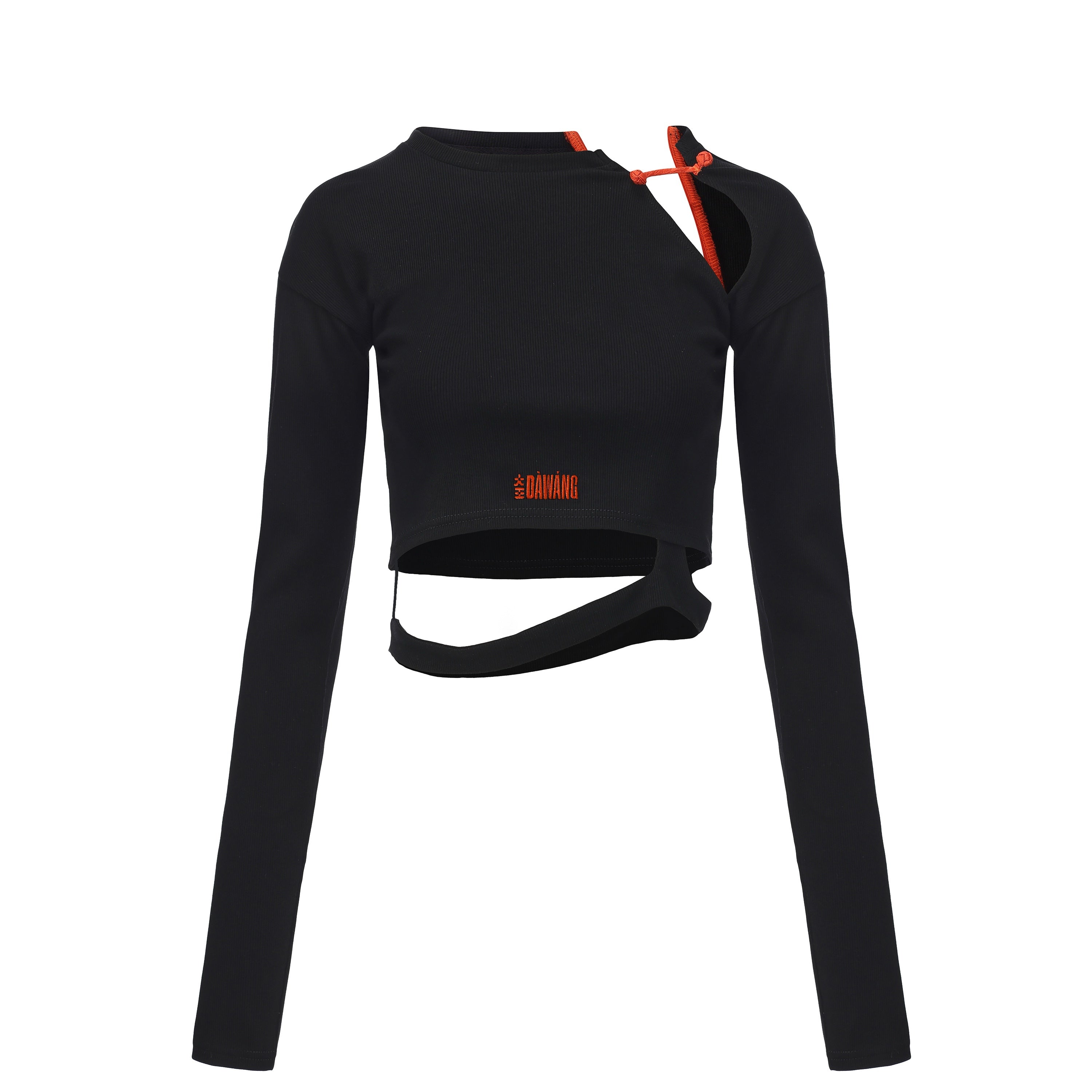 Black knit long-sleeve cutout top with orange tie neckline.