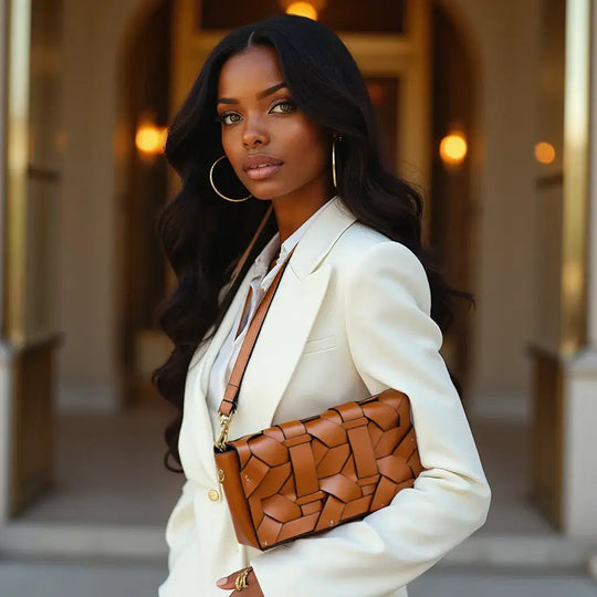 THE ZENOBIA WOVEN CLUTCH, camel-brown woven block pattern with chain strap