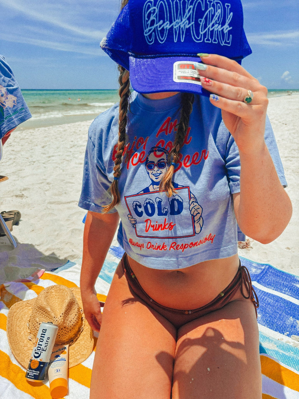 Blue Jean cropped tee, back graphic: Enjoy iced cold beer