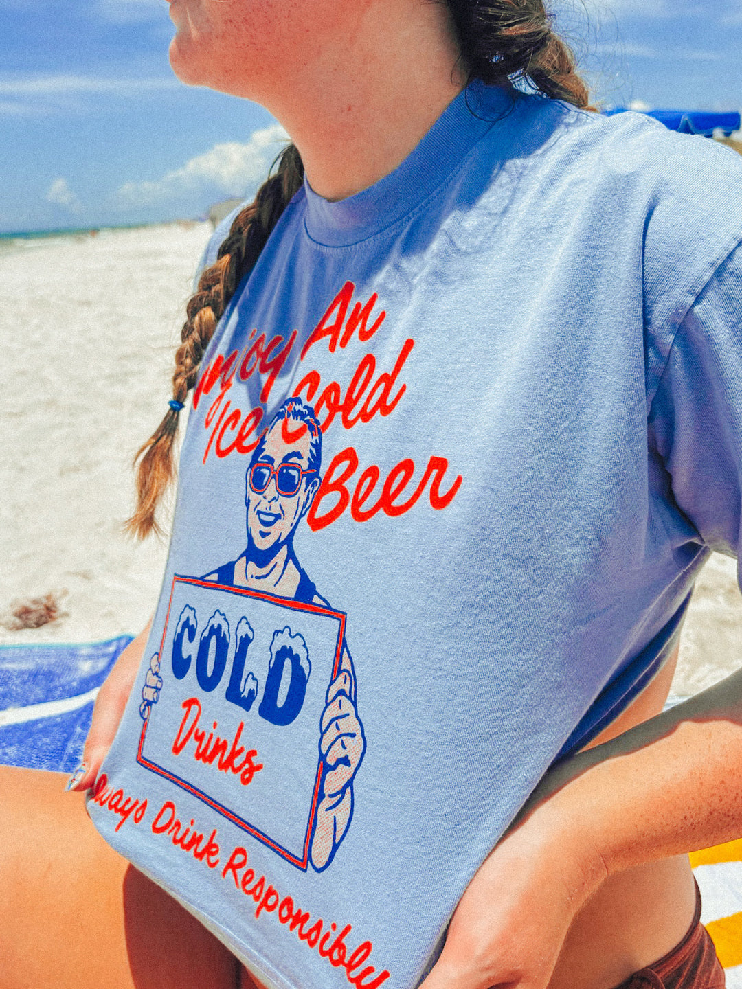 Blue Jean cropped crewneck tee with Cold Drinks front logo