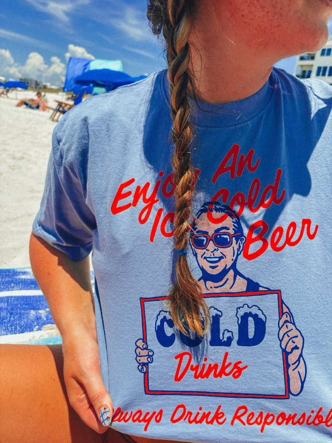 Blue Jean cropped tee: Enjoy iced cold beer graphic print