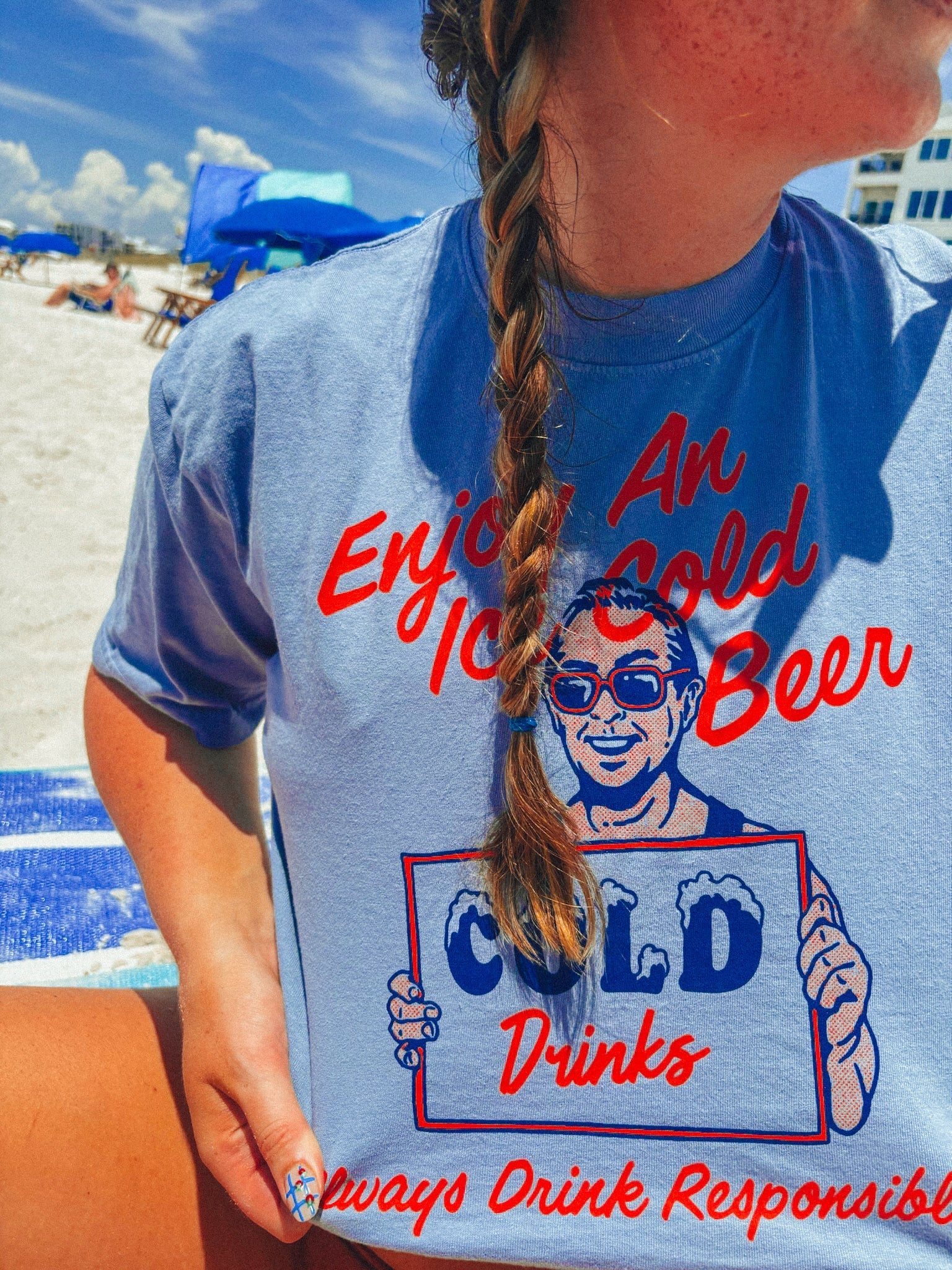 Blue Jean cropped tee: Enjoy iced cold beer graphic print