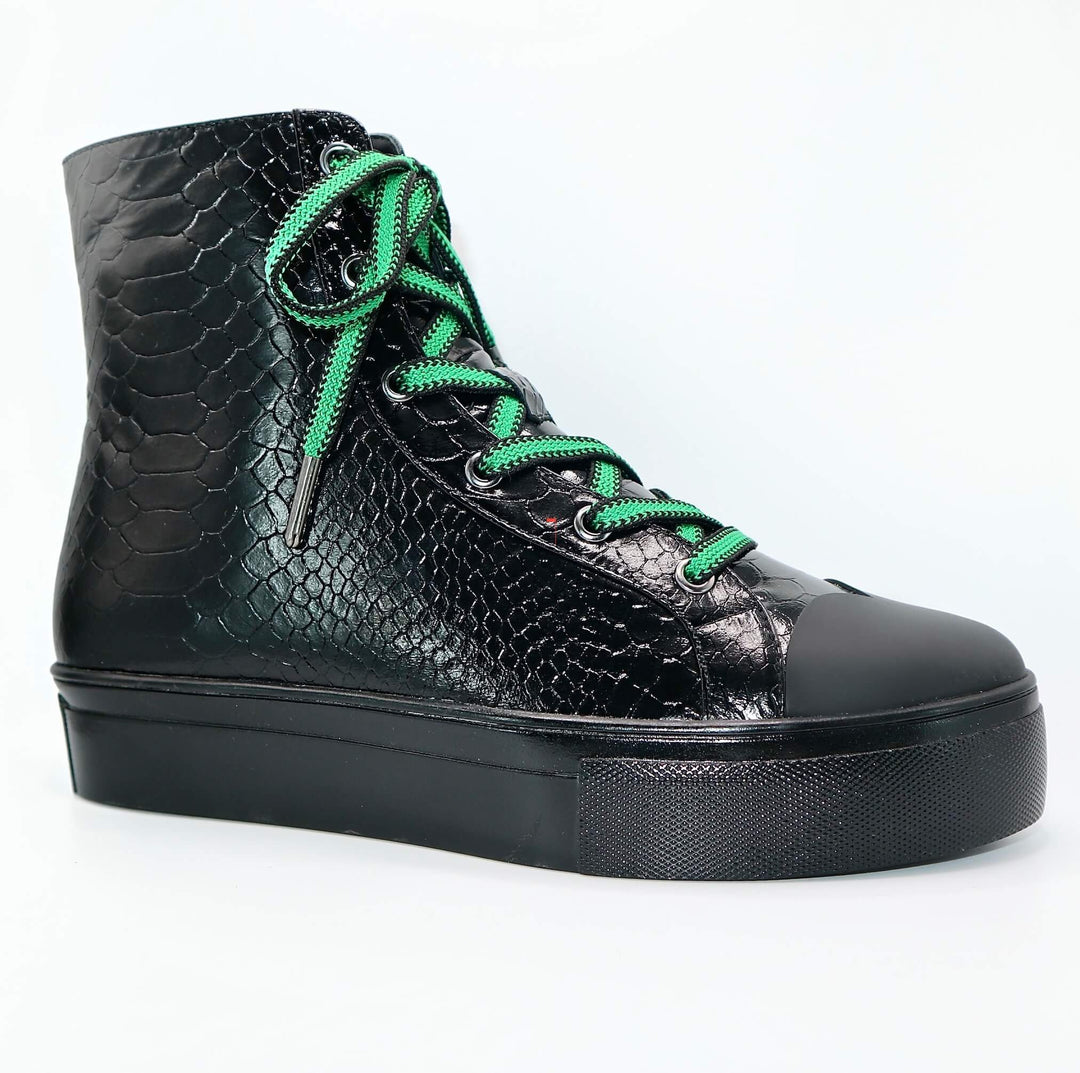 Black high-top sneakers with green laces, quilted texture and padded platform sole
