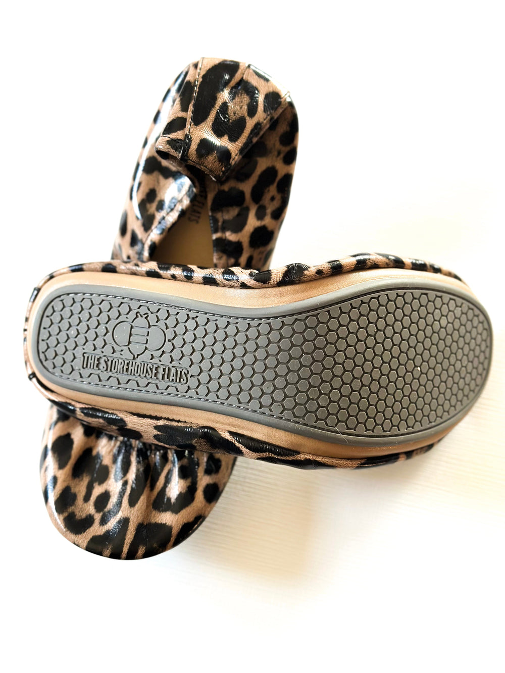Leopard Lyla flats, hex-pattern rubber sole view