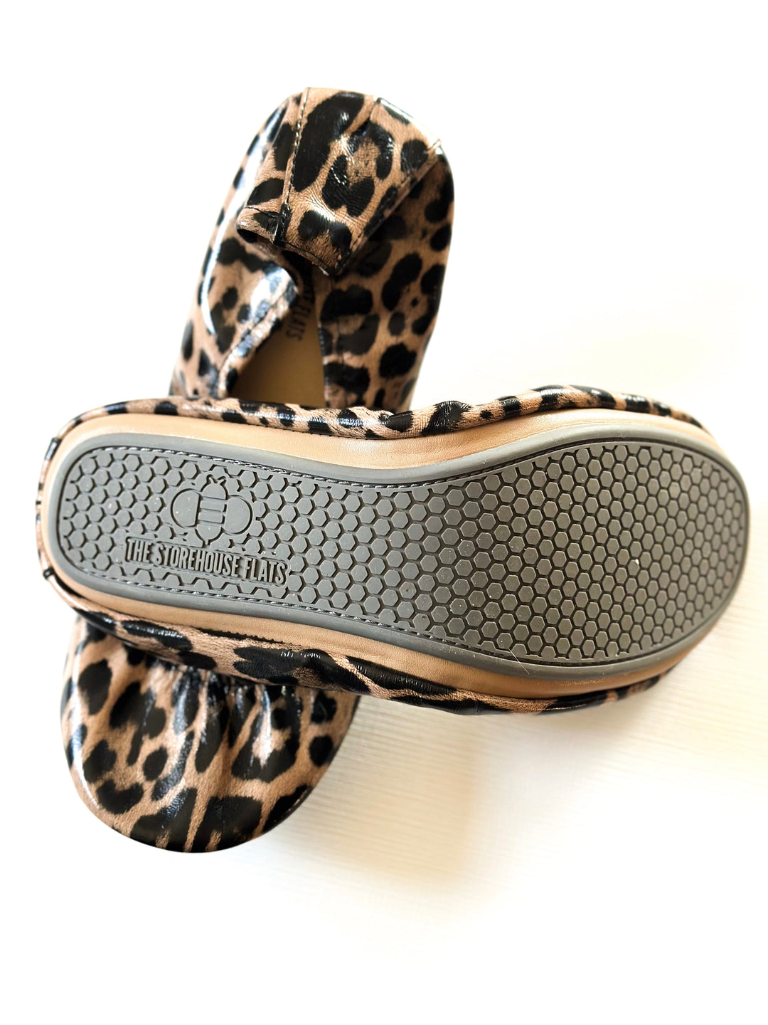 Leopard Lyla flats, hex-pattern rubber sole view