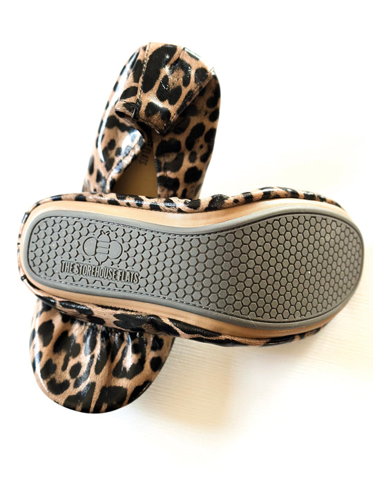 Leopard Lyla flats, hex-pattern rubber sole view
