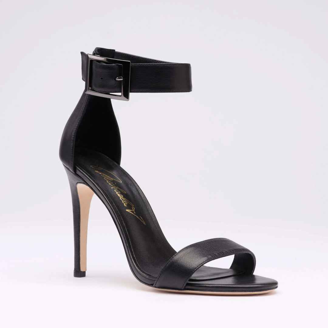 Black heeled sandal, open toe, single wide ankle strap with buckle